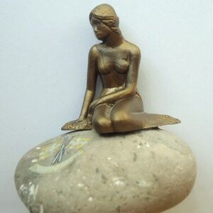 Vintage Art Deco Bronze Mermaid Sitting on a Stone Rock Copenhagen Denmark 2x2"